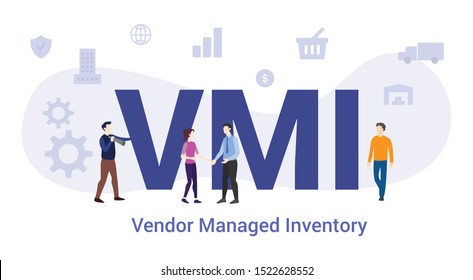 vmi vendor managed invectory concept with big word or text and team people with modern flat style - vector