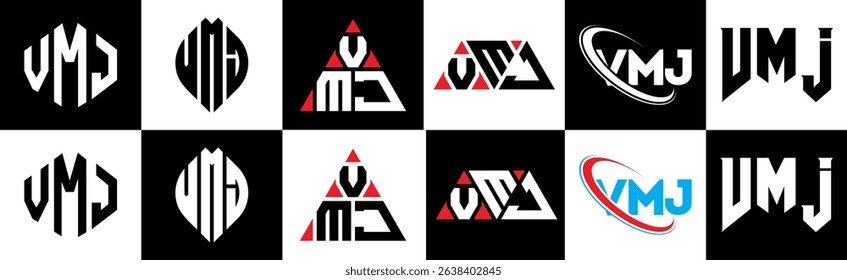 VMJ letter logo design in six style. VMJ polygon, circle, triangle, hexagon, flat and simple style with black and white color variation letter logo set in one artboard. VMJ minimalist and classic logo