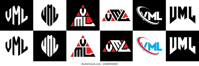VML letter logo design in six style. VML polygon, circle, triangle, hexagon, flat and simple style with black and white color variation letter logo set in one artboard. VML minimalist and classic logo