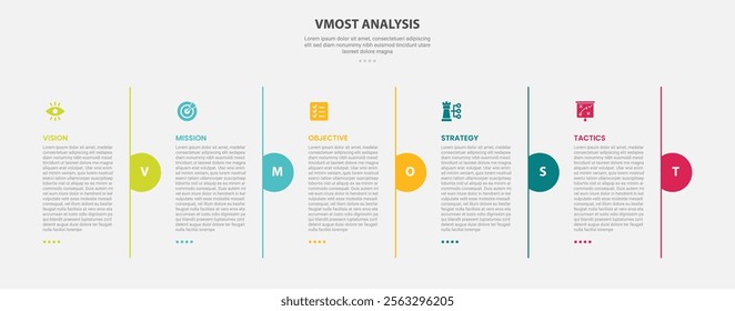 vmost analysis infographic outline style with 5 point template with vertical line divider and half circle separator for slide presentation vector