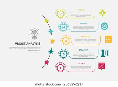 vmost analysis infographic outline style with 5 point template with long half circle line with dotted circle line point for slide presentation vector