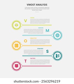 vmost analysis infographic outline style with 5 point template with big circle and long line with opposite position for slide presentation vector