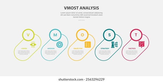 vmost analysis infographic outline style with 5 point template with skew round rectangle with circle badge header for slide presentation vector