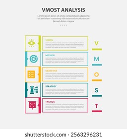 vmost analysis infographic outline style with 5 point template with square and sharp rectangle box container on vertical stack position for slide presentation vector