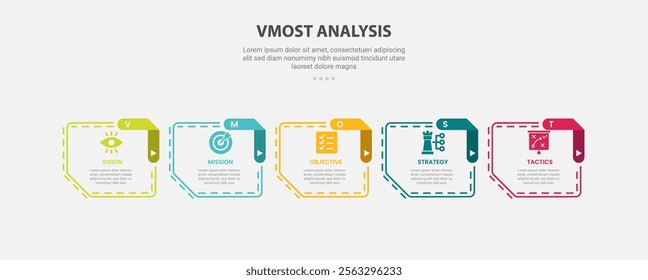 vmost analysis infographic outline style with 5 point template with chip box container with creative arrow header edge for slide presentation vector