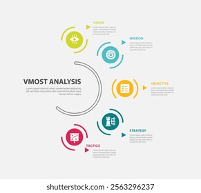 vmost analysis infographic outline style with 5 point template with circular object on half circle base line for slide presentation vector