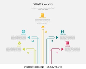 vmost analysis infographic outline style with 5 point template with creative arrow line spreading around for slide presentation vector