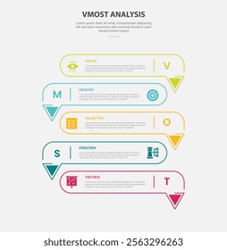 vmost analysis infographic outline style with 5 point template with long round rectangle with arrow bottom direction opposite for slide presentation vector