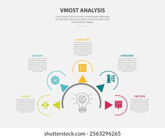 vmost analysis infographic outline style with 5 point template with half circle and arrow spreading for slide presentation vector