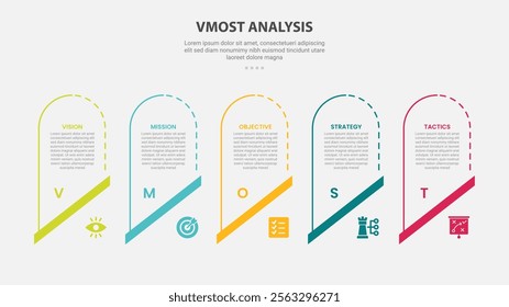 vmost analysis infographic outline style with 5 point template with creative table with slice header table round box with slice bottom for slide presentation vector