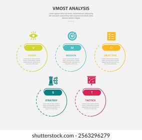 vmost analysis infographic outline style with 5 point template with big circle dotted line combination for slide presentation vector