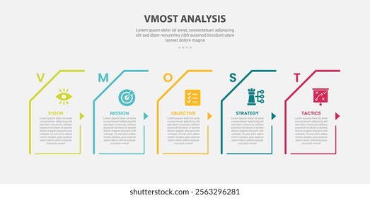 vmost analysis infographic outline style with 5 point template with skew rectangle box container with small arrow direction for slide presentation vector