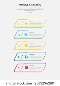 vmost analysis infographic outline style with 5 point template with skew rectangle box container on vertical position for slide presentation vector