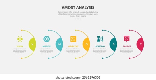 vmost analysis infographic outline style with 5 point template with half circle line on horizontal right direction for slide presentation vector