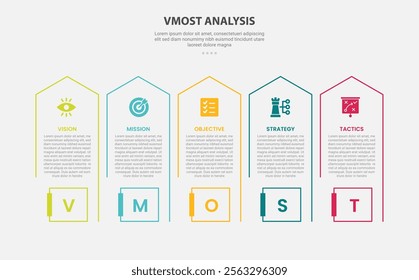 vmost analysis infographic outline style with 5 point template with long rectangle box with arrow top direction for slide presentation vector