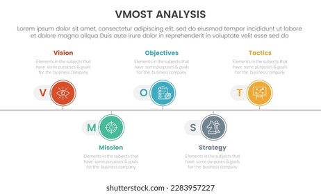 vmost analysis model framework infographic 5 point stage template with timeline point right direction information concept for slide presentation