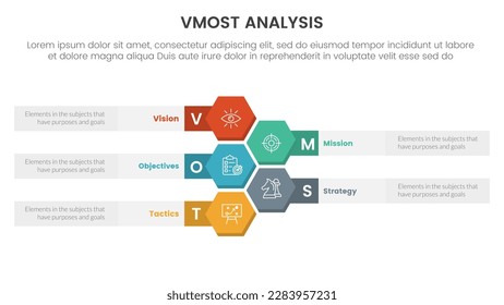 vmost analysis model framework infographic 5 point stage template with honeycomb vertical information concept for slide presentation
