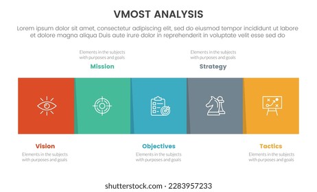 vmost analysis model framework infographic 5 point stage template with square box right direction information concept for slide presentation