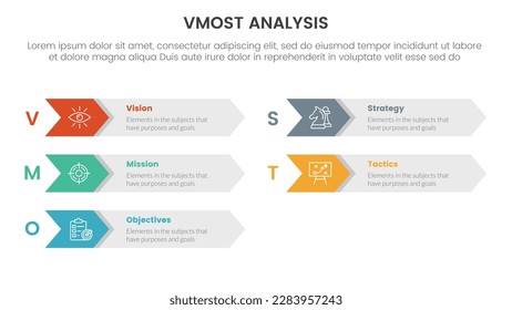 vmost analysis model framework infographic 5 point stage template with arrow box right direction information concept for slide presentation