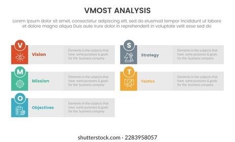 vmost analysis model framework infographic 5 point stage template with long rectangle box grey background information concept for slide presentation