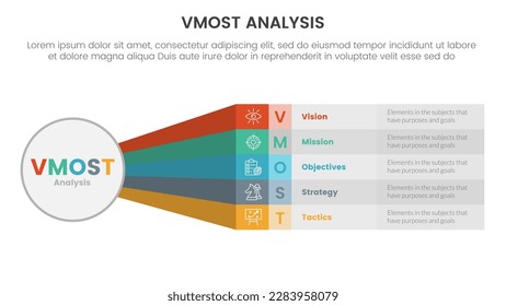 vmost analysis model framework infographic 5 point stage template with big circle and rainbow long shape information concept for slide presentation