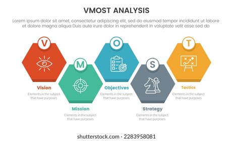 vmost analysis model framework infographic 5 point stage template with honeycomb right direction symmetric balance information concept for slide presentation