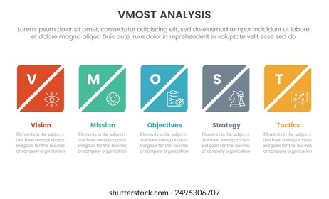 vmost analysis model framework infographic with 5 point stage template with creative square box slice timeline horizontal for slide presentation vector