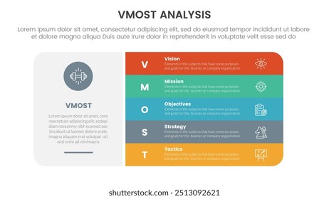 Vmost Infografía del modelo de análisis Plantilla de etapa de 5 puntos con caja de rectángulo redonda grande y concepto de pila de punto de Vertical para presentación de diapositivas Vector