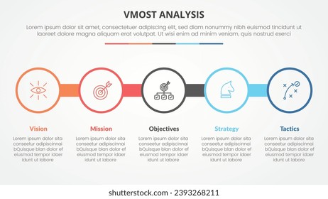 concepto de infografía de plantilla de análisis de vmost para presentación de diapositivas con contorno de círculo grande en línea horizontal con lista de 5 puntos con estilo plano