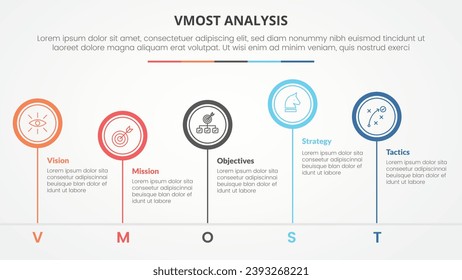 vmost analysis template infographic concept for slide presentation with big circle outline unbalance up and down with 5 point list with flat style