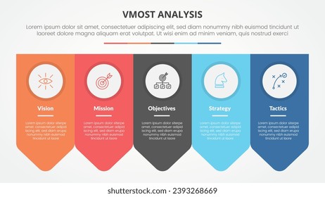 vmost analysis template infographic concept for slide presentation with arrow badge symmetric horizontal with 5 point list with flat style