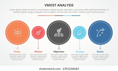 vmost analysis template infographic concept for slide presentation with big and small circle timeline style with 5 point list with flat style