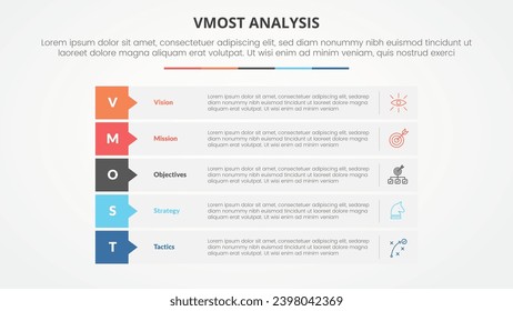 vmost analysis template infographic concept for slide presentation with rectangle stack callout badge header with 5 point list with flat style