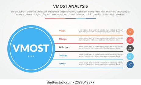 vmost analysis template infographic concept for slide presentation with big circle base and line box stack with 5 point list with flat style