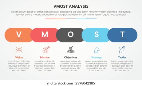 vmost analysis template infographic concept for slide presentation with horizontal round rectangle shape timeline style with 5 point list with flat style
