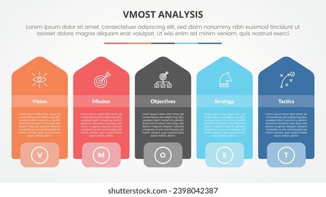 vmost analysis template infographic concept for slide presentation with rectangle box with vertical arrow shape with 5 point list with flat style