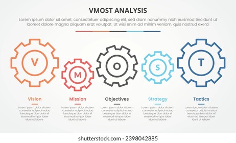 vmost analysis template infographic concept for slide presentation with gear horizontal linked with 5 point list with flat style