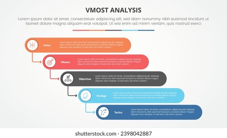 vmost analysis template infographic concept for slide presentation with round rectangle stack waterfall style with 5 point list with flat style