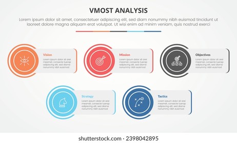 vmost analysis template infographic concept for slide presentation with rectangle box with circle edge with 5 point list with flat style