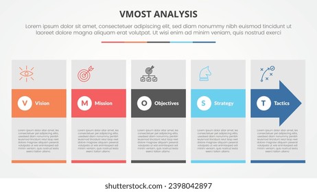 concepto de infografía de plantilla de análisis de vmost para presentación de diapositivas con cuadro grande y desplazamiento de flecha con lista de 5 puntos con estilo plano