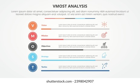 vmost analysis template infographic concept for slide presentation with percentage bar progress stack with 5 point list with flat style