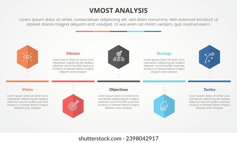 Infografik-Konzept der vmost analysis vorlage für Diapräsentation mit Hexagon- oder Sechseck-Timeline-Stil mit 5-Punkt-Liste mit flachem Stil