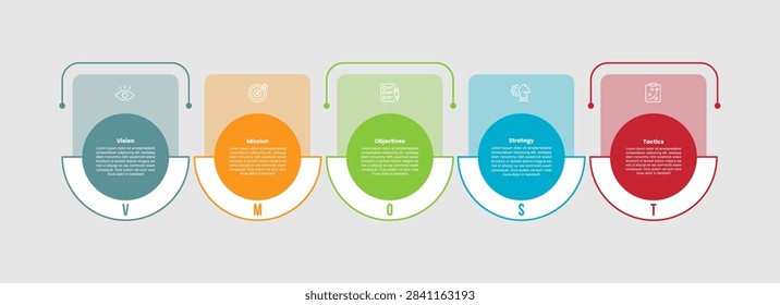 vmost infographic template with five point white background outline half circle sunset panel row rounded layout, flat style