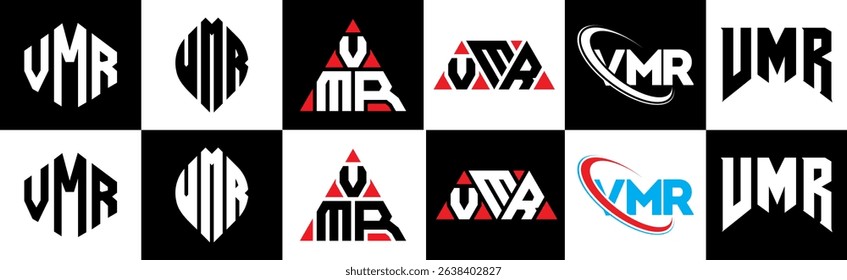 VMR letter logo design in six style. VMR polygon, circle, triangle, hexagon, flat and simple style with black and white color variation letter logo set in one artboard. VMR minimalist and classic logo
