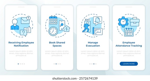 VMS features blue onboarding mobile app screen. Walkthrough 4 steps editable graphic instructions with linear concepts. UI, UX, GUI template