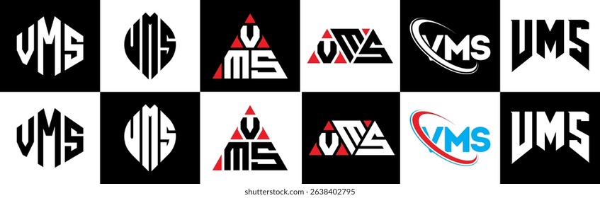 VMS letter logo design in six style. VMS polygon, circle, triangle, hexagon, flat and simple style with black and white color variation letter logo set in one artboard. VMS minimalist and classic logo