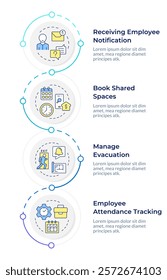 VMS software features infographic design template. Employees safety, emergency security. Data visualization 4 options. Process vertical flow chart