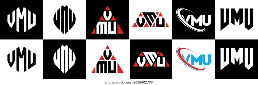 VMU letter logo design in six style. VMU polygon, circle, triangle, hexagon, flat and simple style with black and white color variation letter logo set in one artboard. VMU minimalist and classic logo