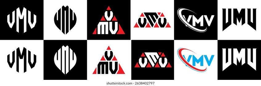 VMV letter logo design in six style. VMV polygon, circle, triangle, hexagon, flat and simple style with black and white color variation letter logo set in one artboard. VMV minimalist and classic logo