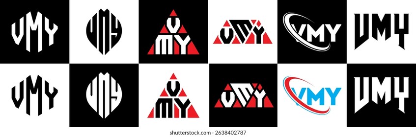 VMY letter logo design in six style. VMY polygon, circle, triangle, hexagon, flat and simple style with black and white color variation letter logo set in one artboard. VMY minimalist and classic logo
